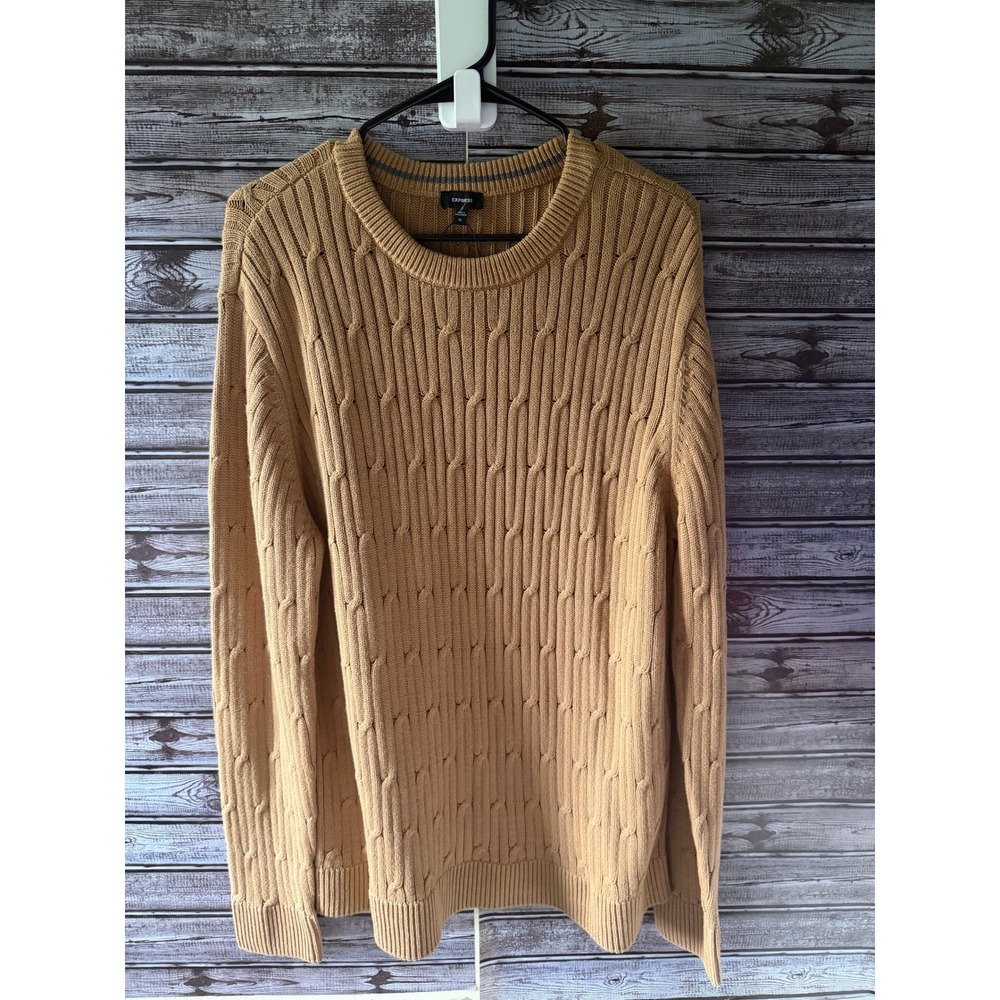 Express Men's  Long-Sleeved Crew Neck Sweater XL Ribbed Stretch Camel Brown NWOT
